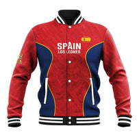 Red and navy baseball jacket with striped ribbed collar and snap front, Spain crest