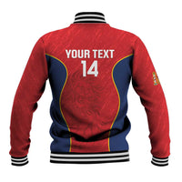 Red and navy baseball jacket back with 'YOUR TEXT' and '14' print, striped collar