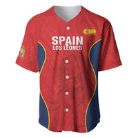 Red V-neck button rugby baseball jersey with Spain Los Leones front graphic
