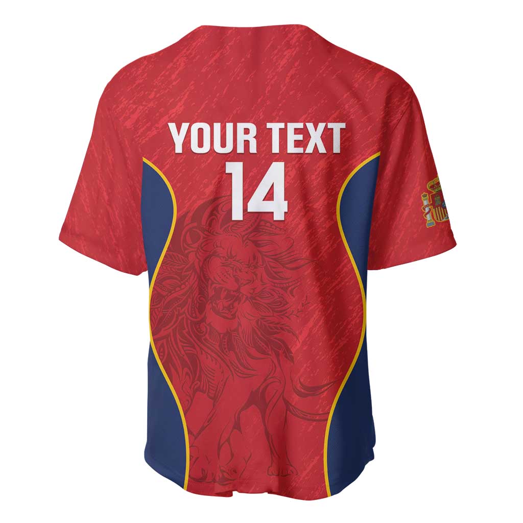 Red rugby baseball jersey back with YOUR TEXT 14 and lion pattern