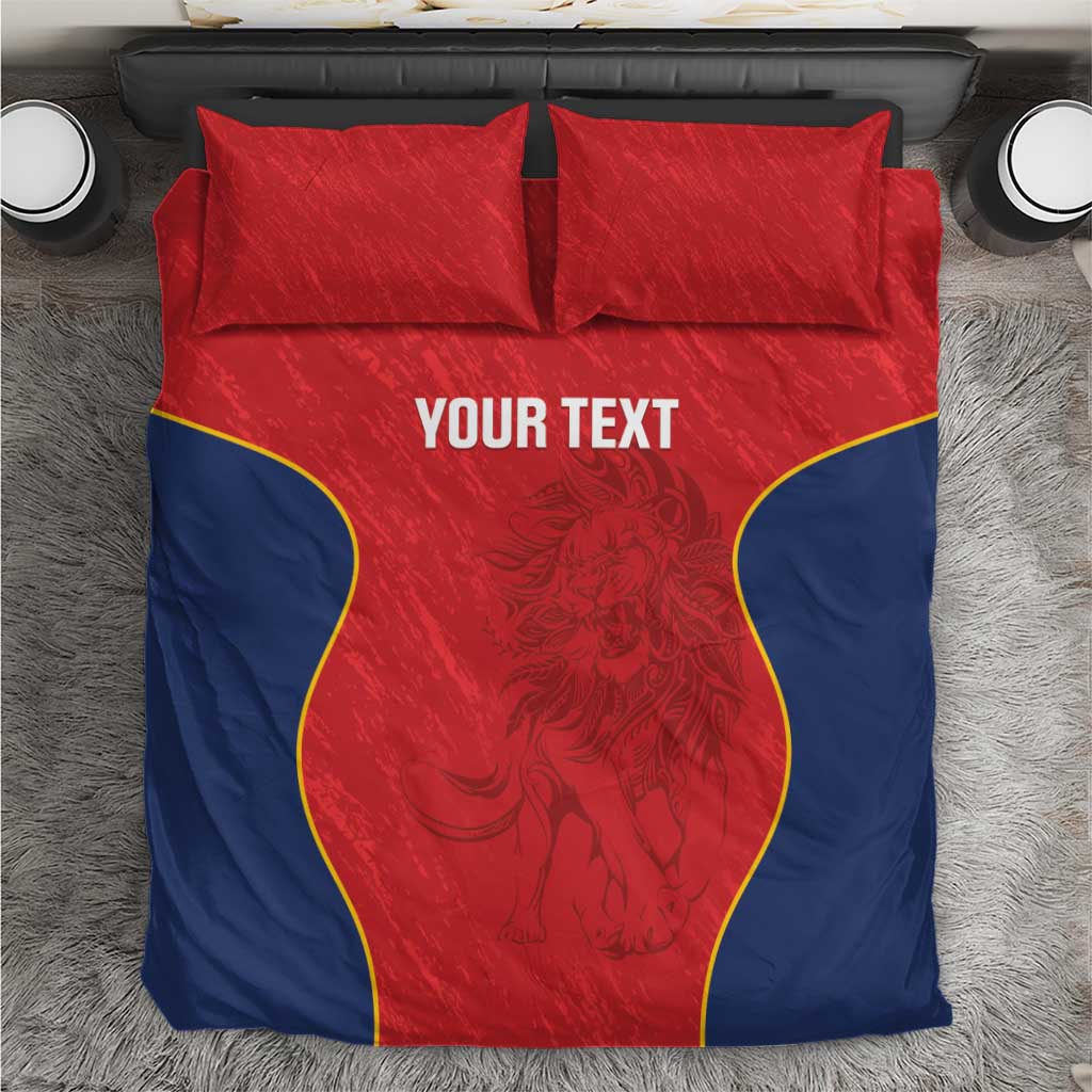 Red and navy rugby bedding set with two matching pillows, yellow-edged center panel and “YOUR TEXT”