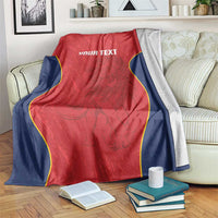 Red Spain rugby blanket with navy edges and yellow outline, custom text print.