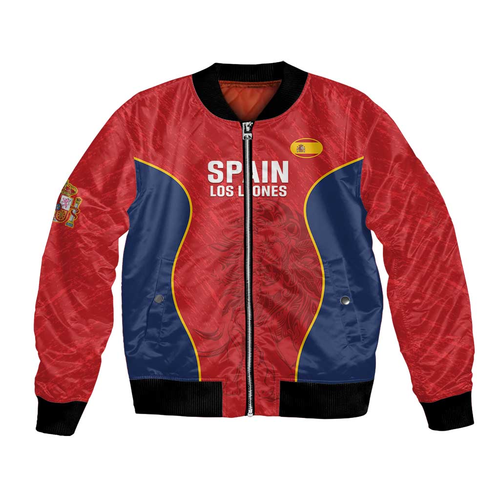 Red and navy satin bomber jacket with full zipper, yellow piping, ribbed cuffs