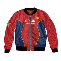 Red and navy satin bomber jacket with full zipper, yellow piping, ribbed cuffs