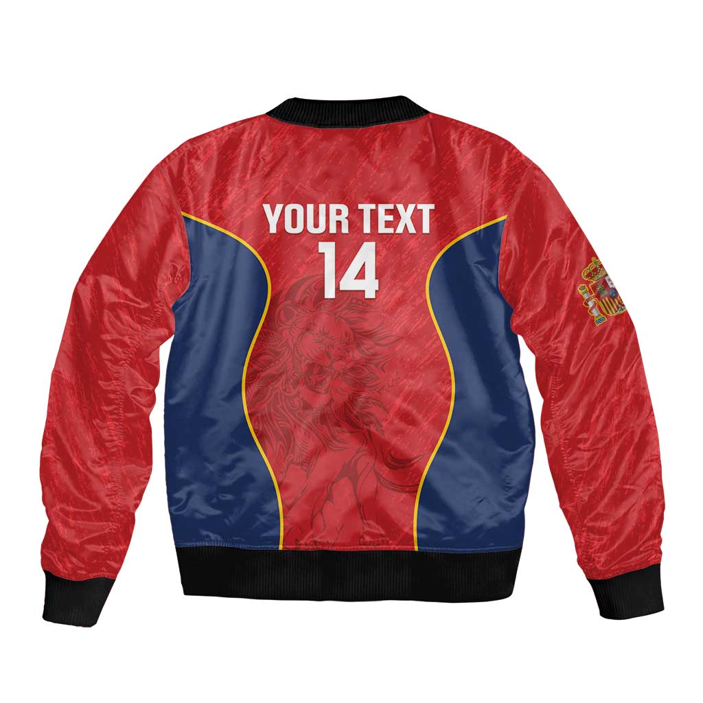 Red and navy bomber jacket with back print "YOUR TEXT 14", ribbed hem