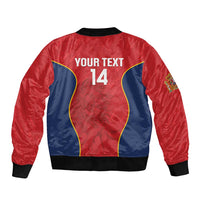Red and navy bomber jacket with back print "YOUR TEXT 14", ribbed hem