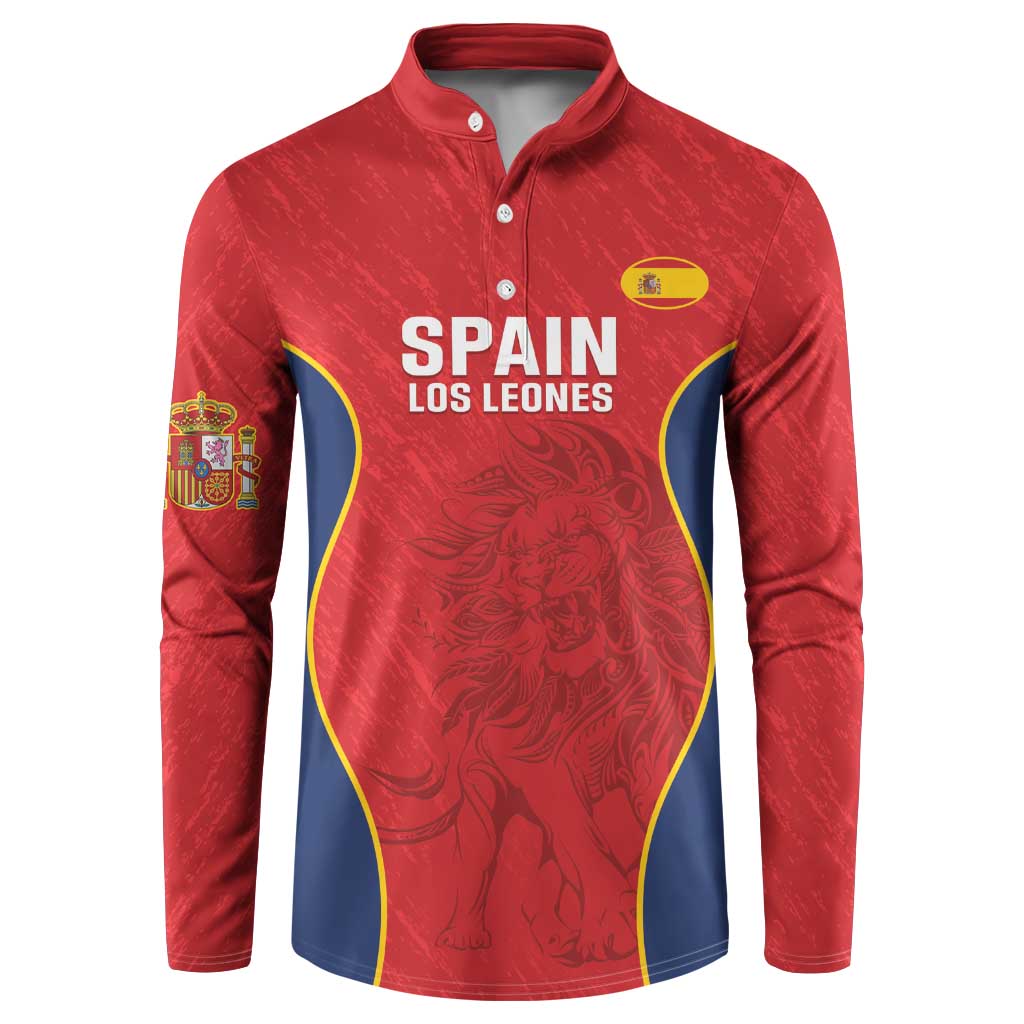 Red rugby button sweatshirt with collared neckline, “SPAIN LOS LEONES” front print