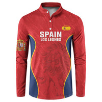 Red rugby button sweatshirt with collared neckline, “SPAIN LOS LEONES” front print