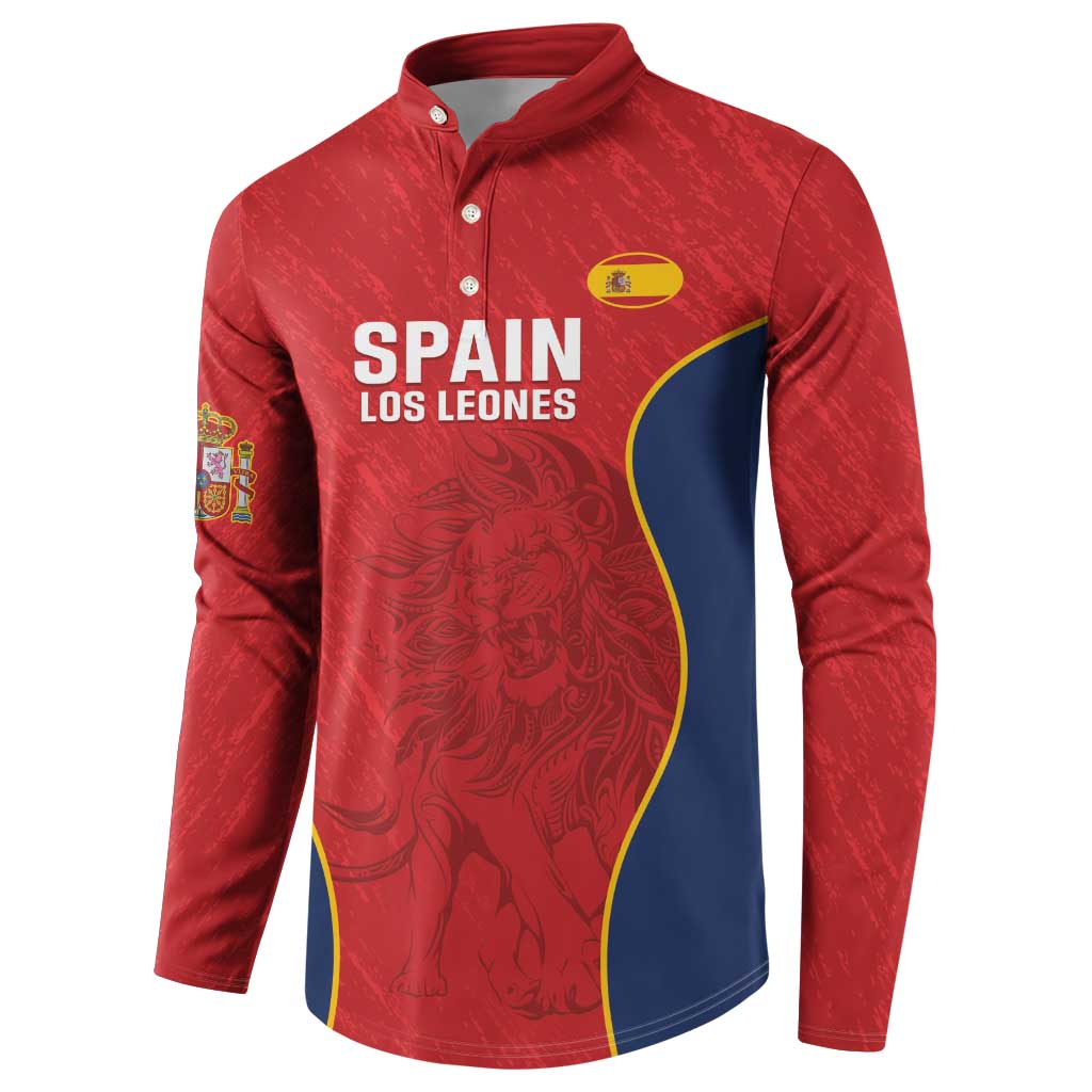 Red long-sleeve rugby button sweatshirt with “SPAIN LOS LEONES” chest and crest