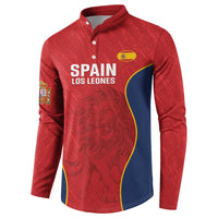 Red long-sleeve rugby button sweatshirt with “SPAIN LOS LEONES” chest and crest