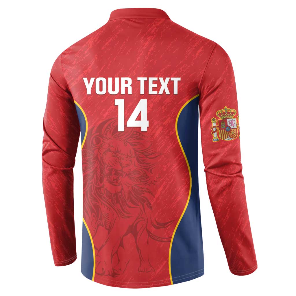Red rugby button sweatshirt back view with “YOUR TEXT 14” and blue side panels