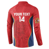 Red rugby button sweatshirt back view with “YOUR TEXT 14” and blue side panels