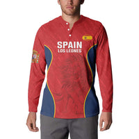 Red long-sleeve rugby button sweatshirt on model, “SPAIN LOS LEONES” front print