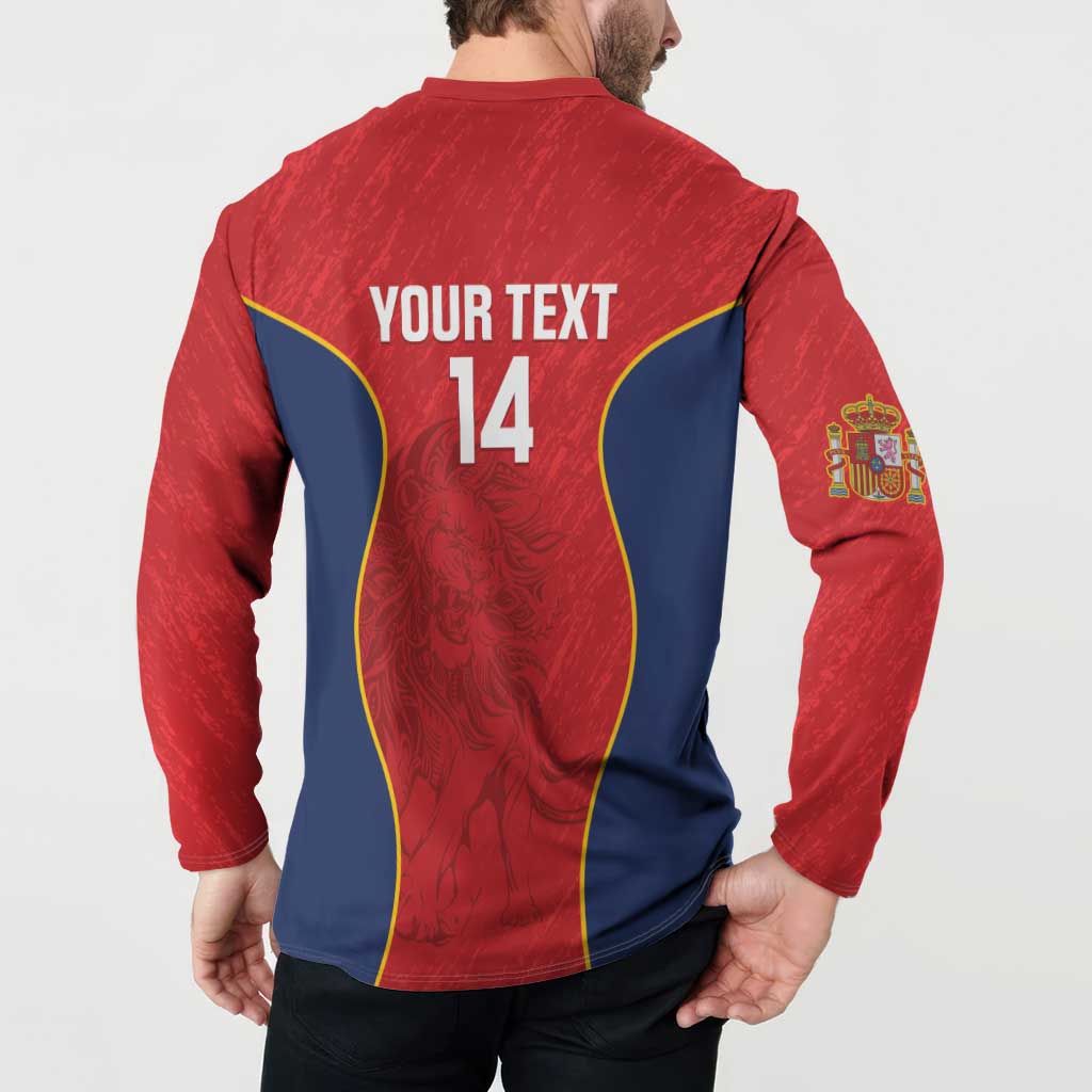 Red rugby button sweatshirt back on model with “YOUR TEXT 14” and Spanish crest