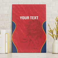 Red rugby canvas wall art with blue and yellow border, lion emblem and “YOUR TEXT”