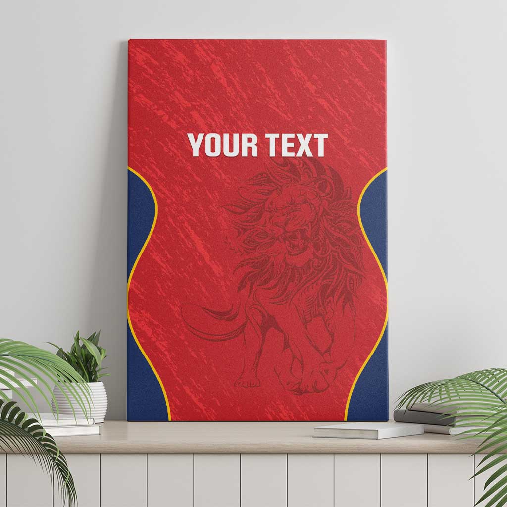 Red rugby canvas wall art panel with blue and yellow border and lion emblem, “YOUR TEXT”