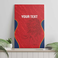 Red rugby canvas wall art panel with blue and yellow border and lion emblem, “YOUR TEXT”