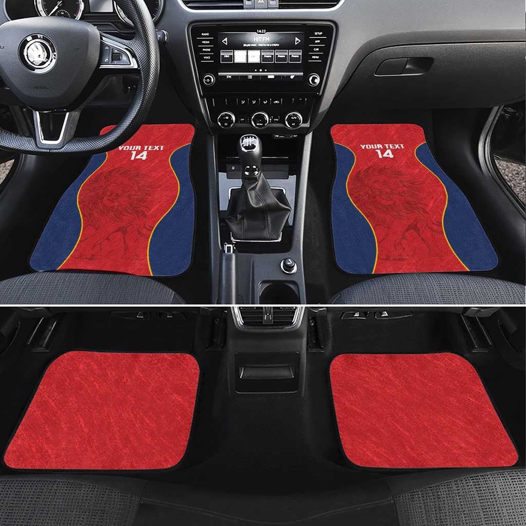 Rugby car floor mats in red and blue with yellow trim, 'Your Text 14' (2 mats)