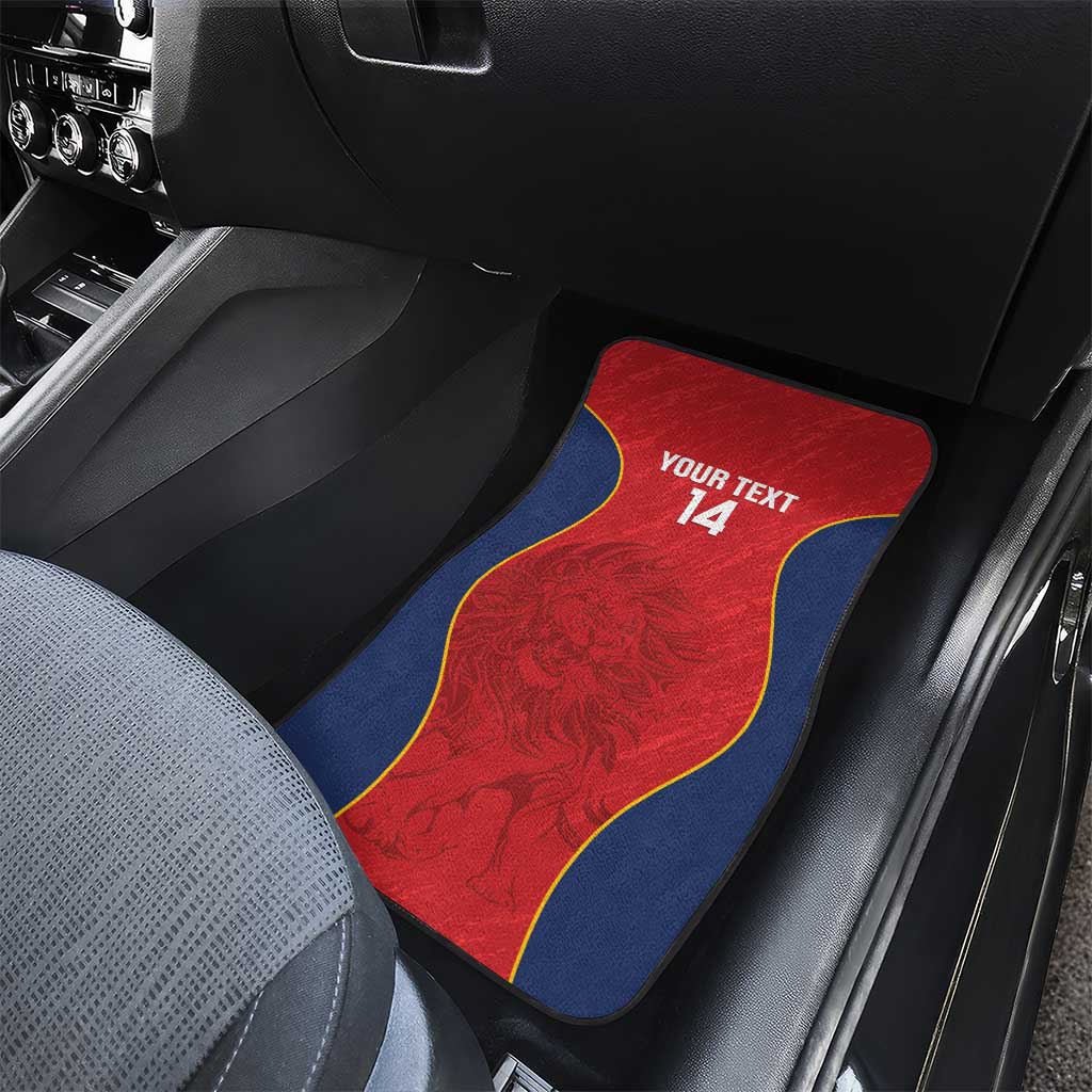 Rugby car mat for rear seat in red with blue sides and yellow border, 'Your Text 14'