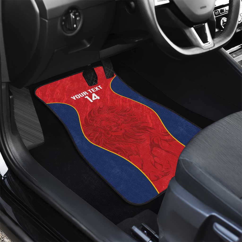 Rugby car floor mat in red with blue edge and yellow trim, 'Your Text 14' close-up