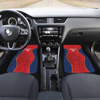 Front cabin with custom rugby car mats: red and blue design with yellow trim, 'Your Text 14'