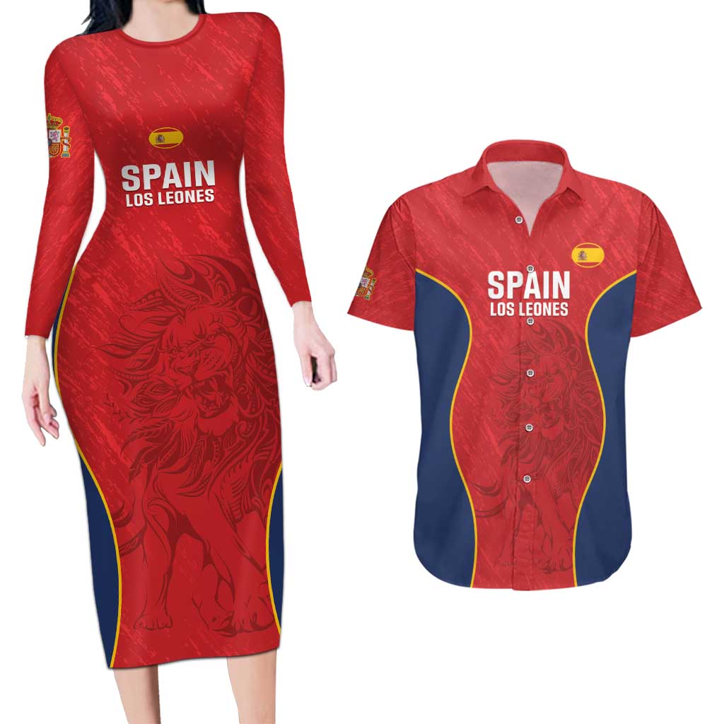 Custom Spain Rugby Couples Matching Long Sleeve Bodycon Dress and Hawaiian Shirt Go Champions Lions - Wonder Print Shop