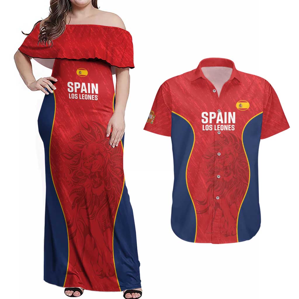 Custom Spain Rugby Couples Matching Off Shoulder Maxi Dress and Hawaiian Shirt Go Champions Lions - Wonder Print Shop