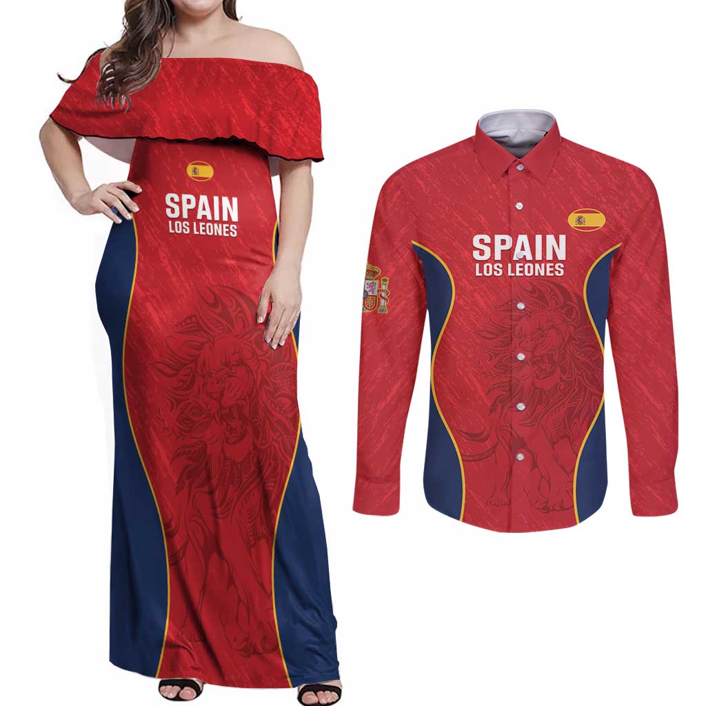 Custom Spain Rugby Couples Matching Off Shoulder Maxi Dress and Long Sleeve Button Shirt Go Champions Lions - Wonder Print Shop