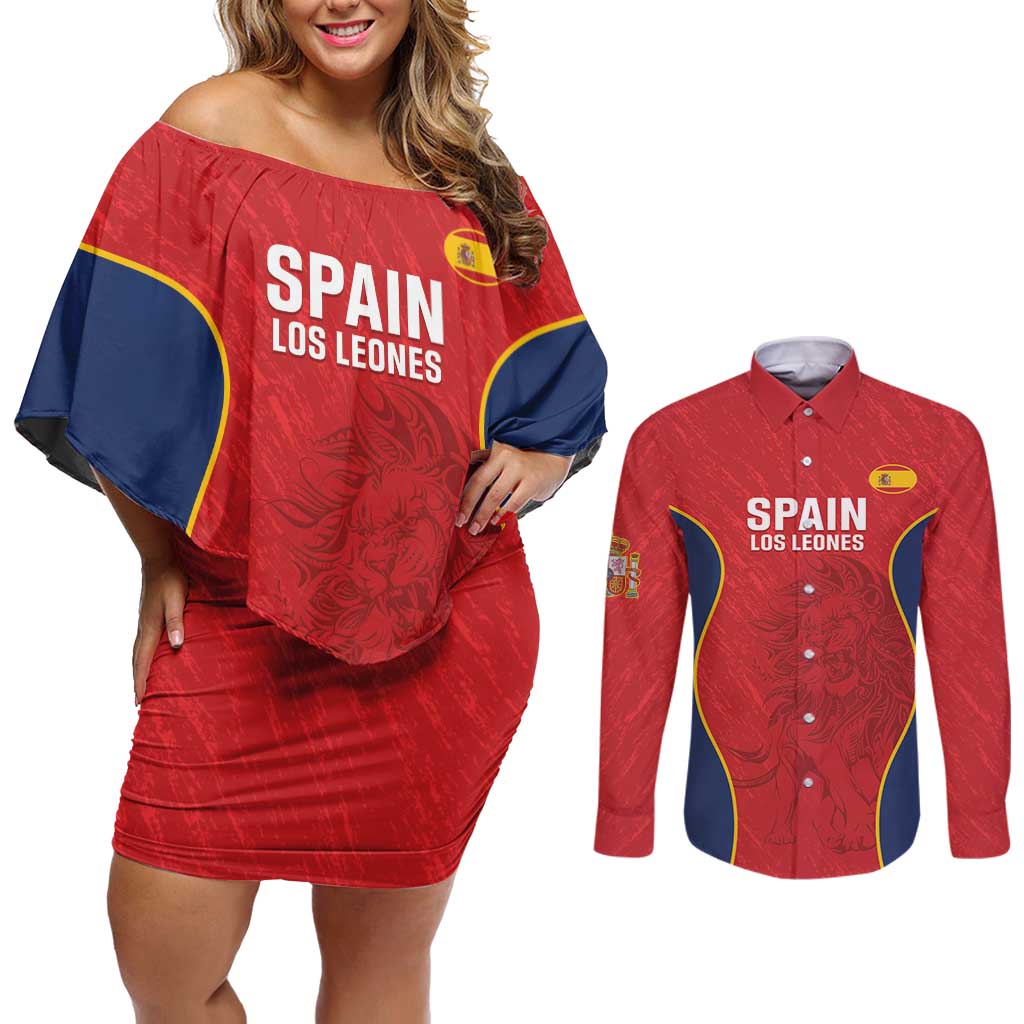 Custom Spain Rugby Couples Matching Off Shoulder Short Dress and Long Sleeve Button Shirt Go Champions Lions - Wonder Print Shop