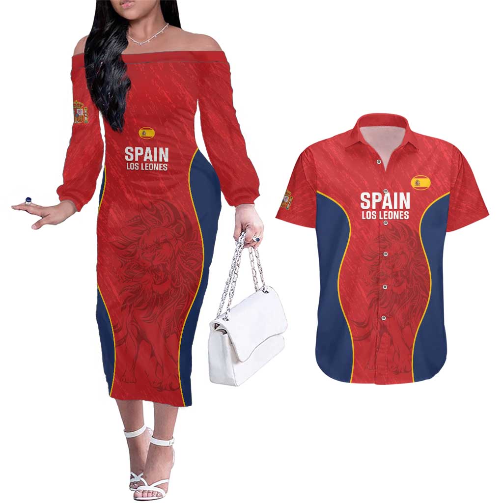 Custom Spain Rugby Couples Matching Off The Shoulder Long Sleeve Dress and Hawaiian Shirt Go Champions Lions - Wonder Print Shop