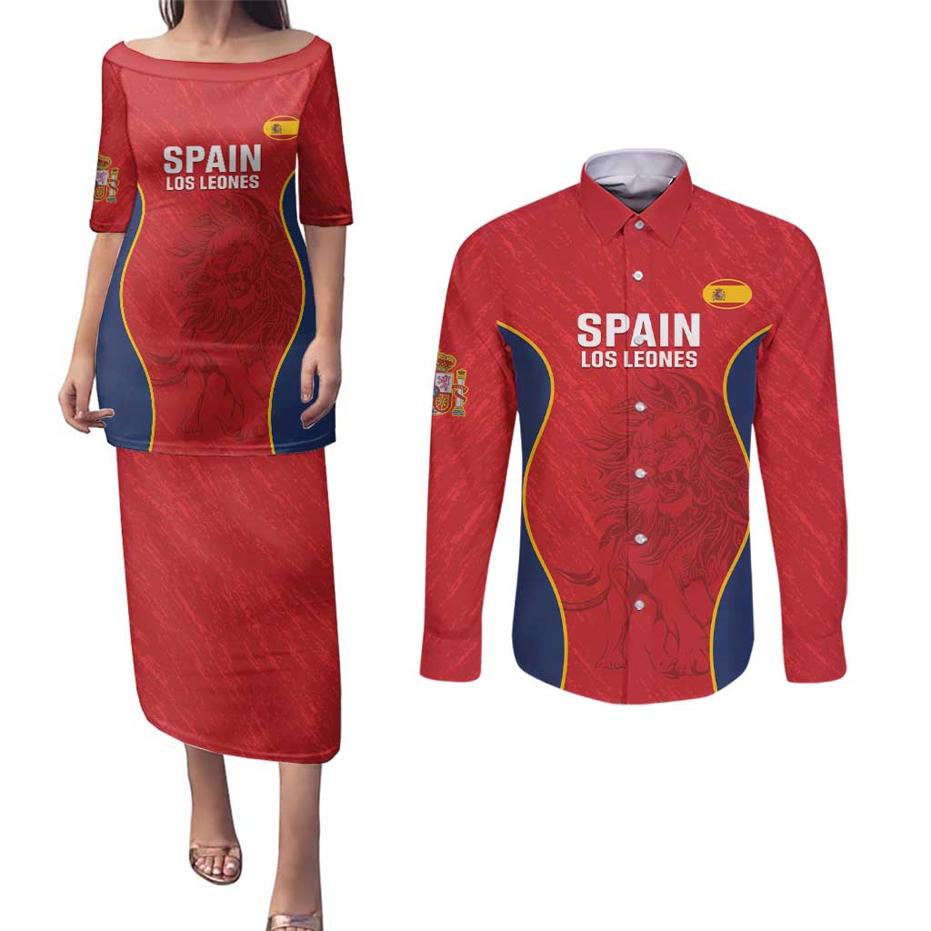 Custom Spain Rugby Couples Matching Puletasi and Long Sleeve Button Shirt Go Champions Lions - Wonder Print Shop