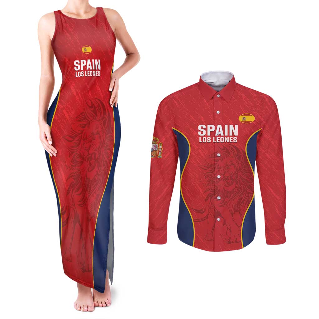 Custom Spain Rugby Couples Matching Tank Maxi Dress and Long Sleeve Button Shirt Go Champions Lions - Wonder Print Shop