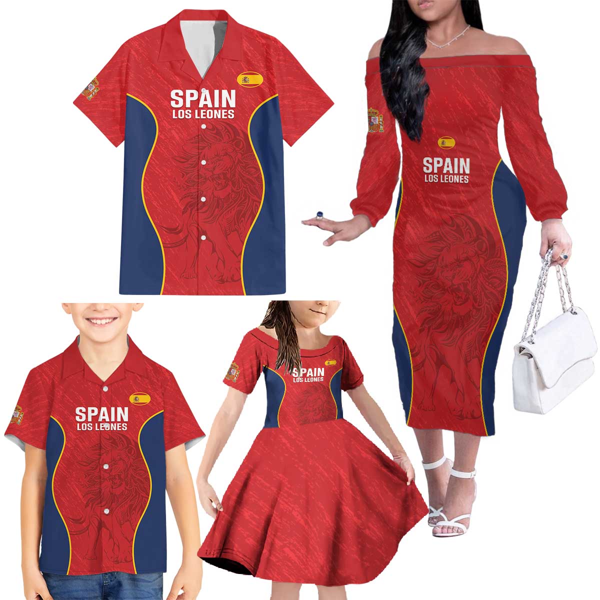 Custom Spain Rugby Family Matching Off The Shoulder Long Sleeve Dress and Hawaiian Shirt Go Champions Lions - Wonder Print Shop