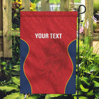 Custom red rugby garden flag on stake with blue wavy trim, 'YOUR TEXT' and lion graphic