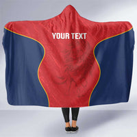 Red and navy hooded rugby-style blanket with lion graphic and custom text center