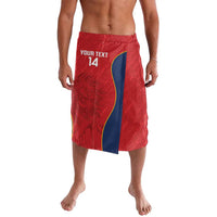 Men's red rugby-style shorts with blue side stripe, printed front panel, elastic waistband