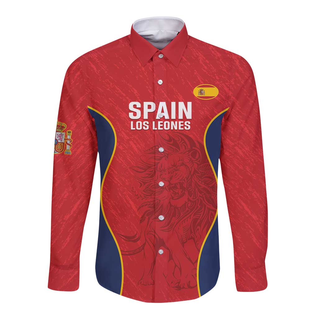 Red rugby button-up long-sleeve shirt with lion graphic and Spain Los Leones print.