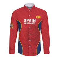 Red rugby button-up long-sleeve shirt with lion graphic and Spain Los Leones print.