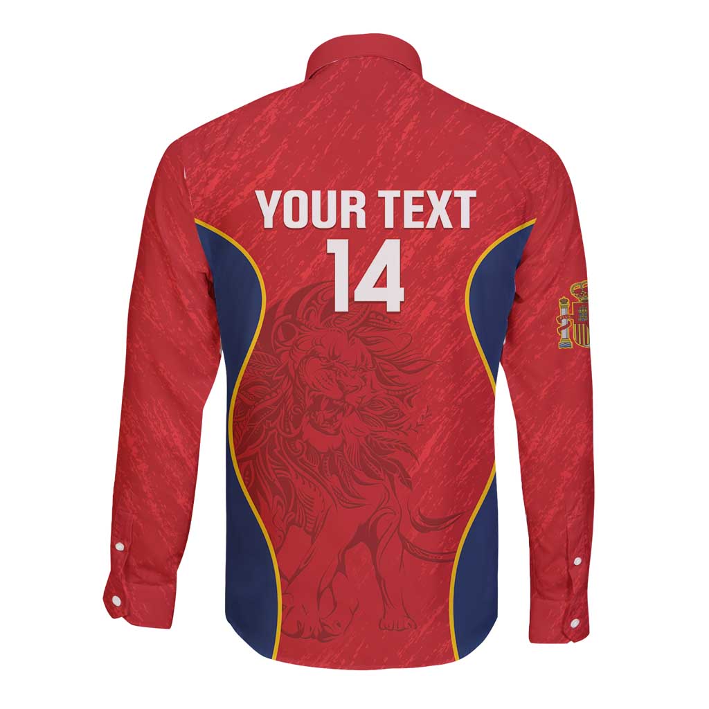 Red rugby button-up long-sleeve shirt with lion graphic, YOUR TEXT 14, and blue side panels.