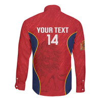 Red rugby button-up long-sleeve shirt with lion graphic, YOUR TEXT 14, and blue side panels.