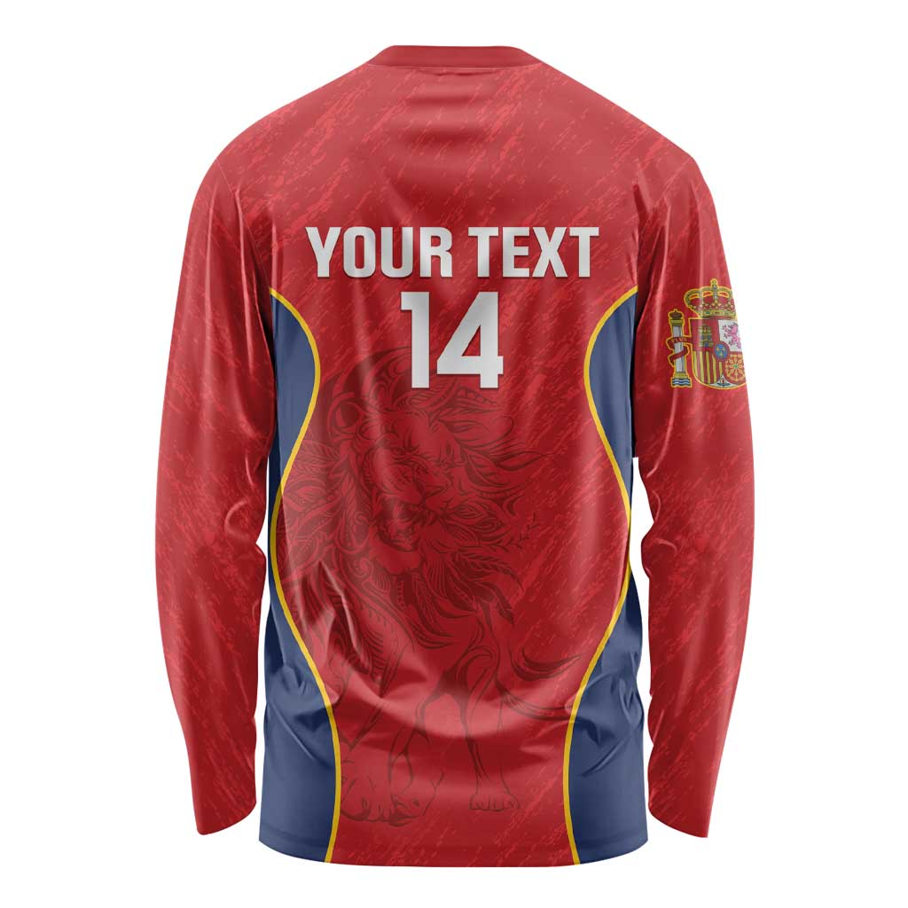 Red rugby long-sleeve shirt back print with blue/yellow trim, Your Text and 14