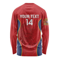 Red rugby long-sleeve shirt back print with blue/yellow trim, Your Text and 14