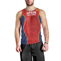 Men’s rugby tank top front view, red and navy blue with yellow edge, Spain Los Leones