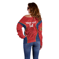 Women’s red off-shoulder sweater back view with YOUR TEXT 14, long sleeves, trim
