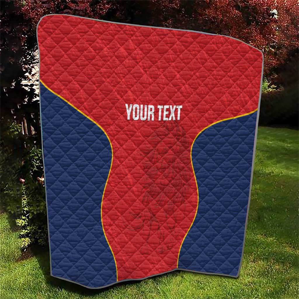 Custom Spain rugby quilt blanket: red center with blue border, quilted star, Your Text