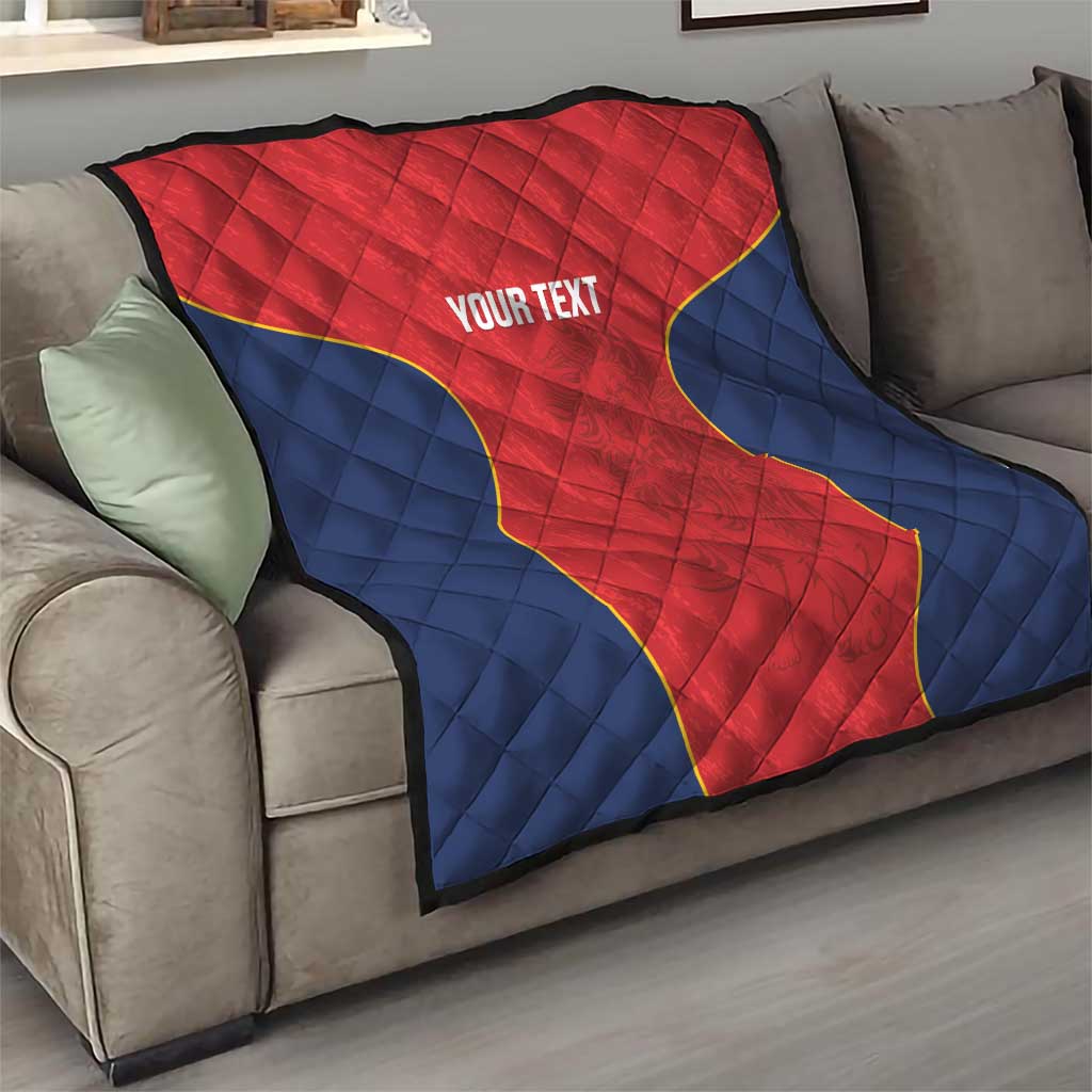 Custom Spain rugby quilt blanket on sofa: red-and-blue quilted star, Your Text