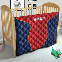Custom Spain rugby quilt blanket: red-and-blue quilted star, Your Text, on bed