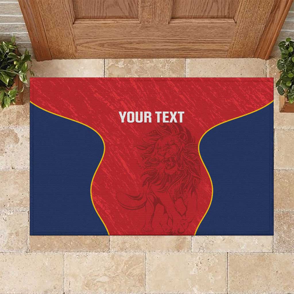 Red and navy custom rugby doormat with yellow outline and your text