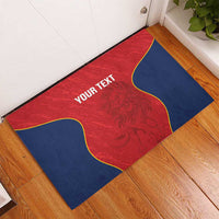 Custom rugby rubber doormat: red center, navy borders, yellow trim, your text