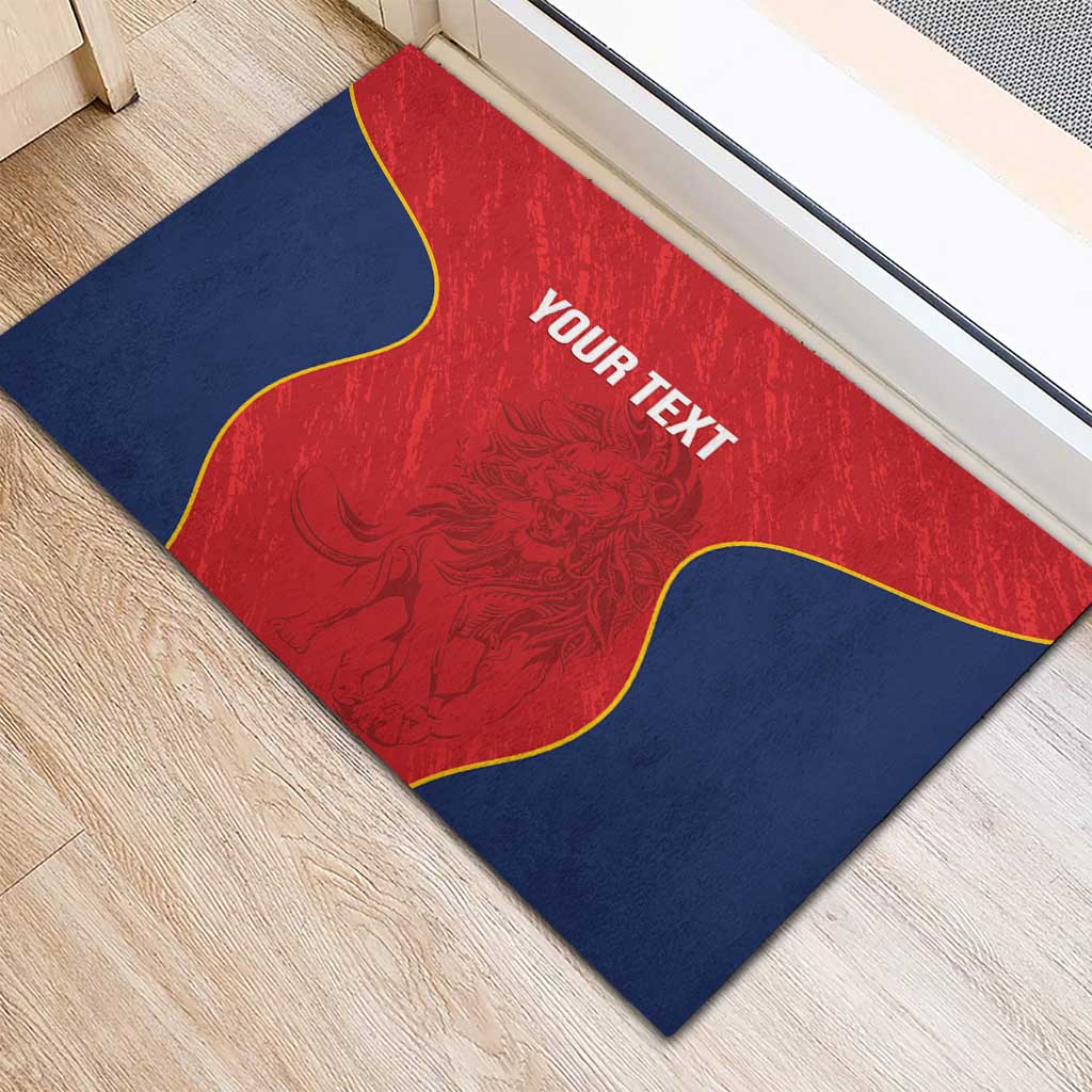 Red and navy rugby doormat with yellow-edged shape and your text lettering